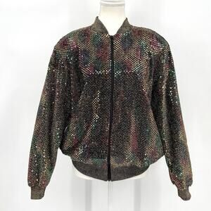 Brenda Goode Womens SMALL Colorful Sequin Zip Jacket Bomber DISCO Shoulder Pads